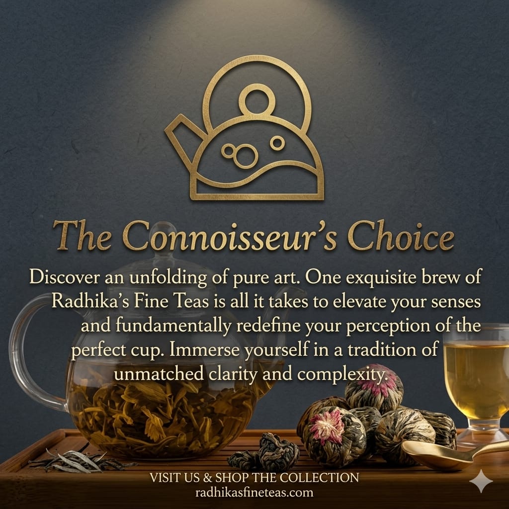 Tea advertisement with 'The Connoisseur's Choice' branding and tea-related imagery.
