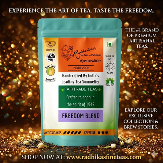 Tea package with branding and product details on a glittery background