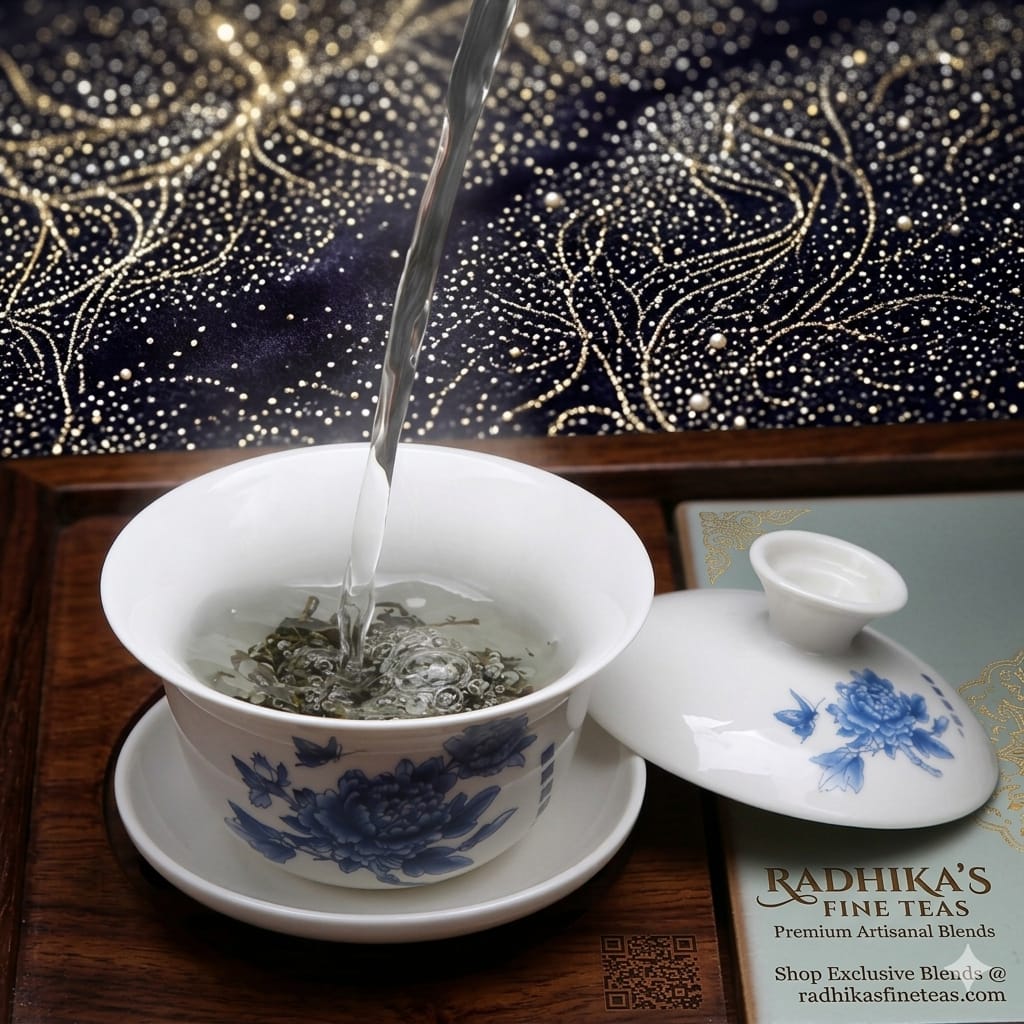 Tea being poured into a blue and white teacup with a lid on a decorative surface.