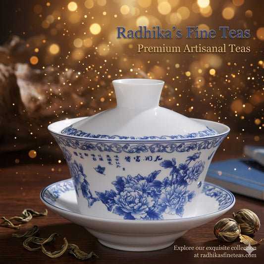 Blue and white floral teacup with lid on a wooden surface, branded 'Radhika's Fine Teas'.