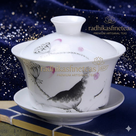 White ceramic teacup with lid featuring artistic designs on a dark blue background with 'radhikasfineteas' branding.