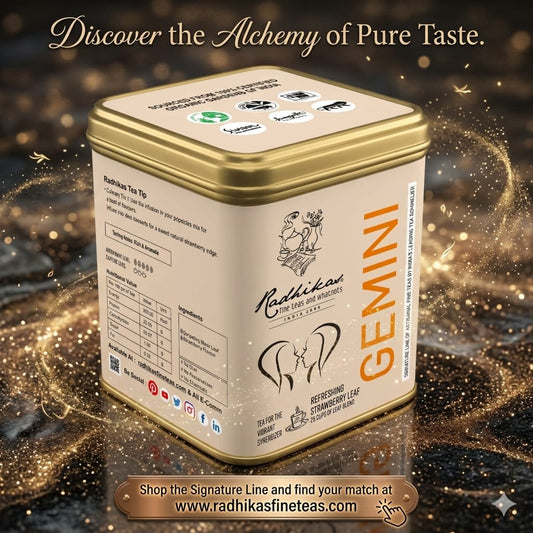 Tea tin with 'Gemini' branding on a dark, starry background