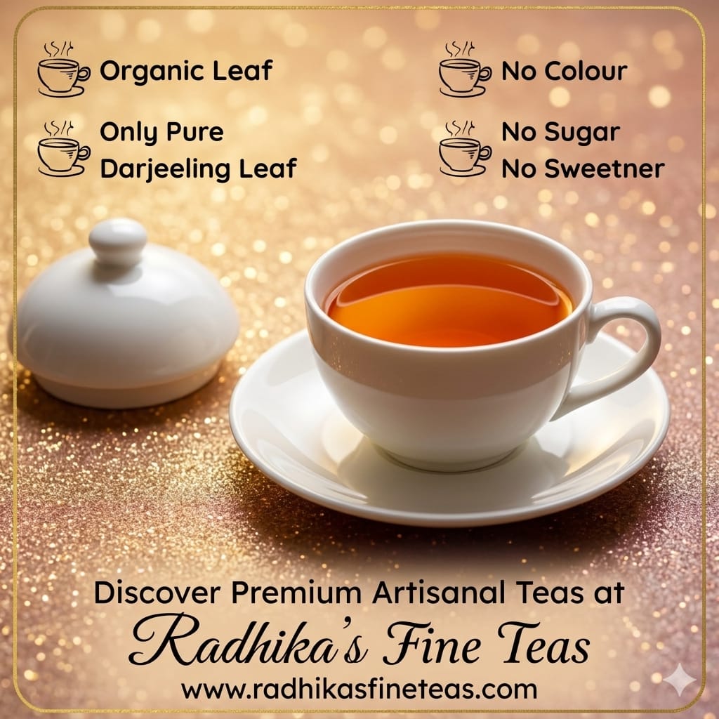 White teacup with tea on a saucer, next to a white sugar container on a gold glittery background, promoting Radhika's Fine Teas.