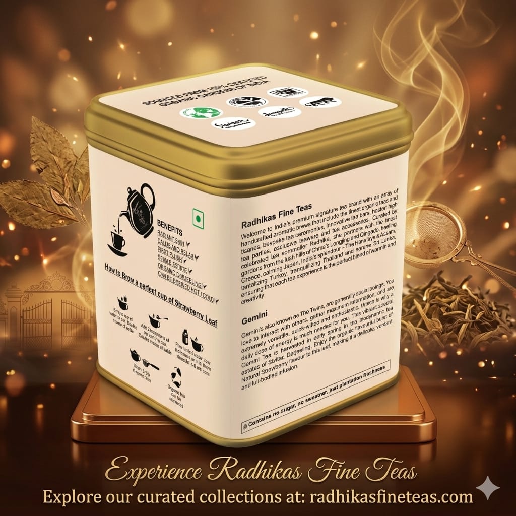 Radhika's Fine Teas tea tin with brand name and website on a decorative background