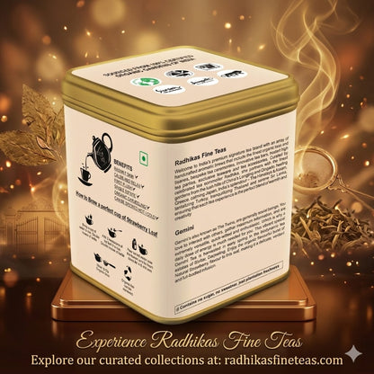 Radhika's Fine Teas tea tin with brand name and website on a decorative background