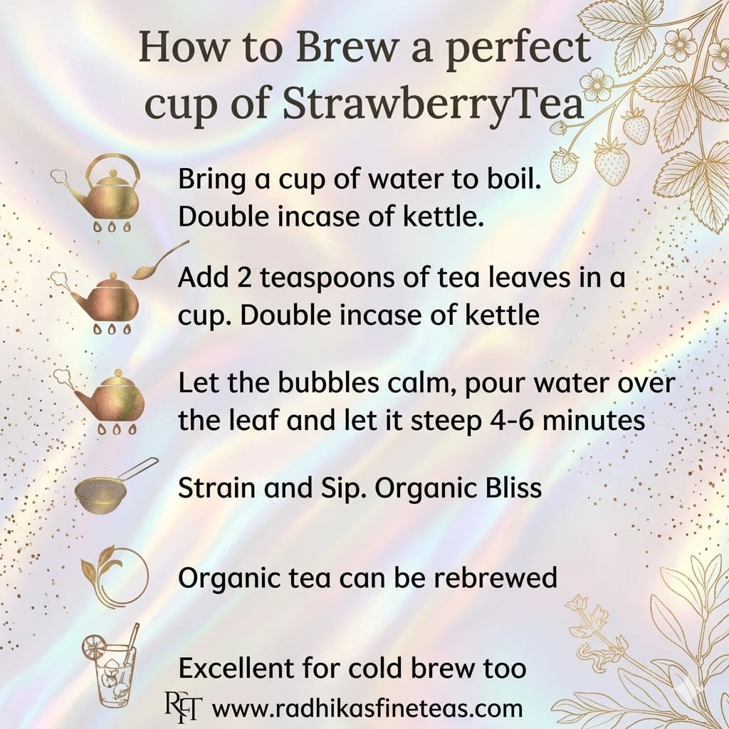 Instructions for brewing strawberry tea with decorative elements on a gradient background