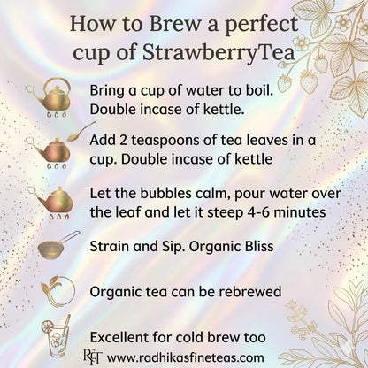 Instructions for brewing strawberry tea with decorative elements on a gradient background
