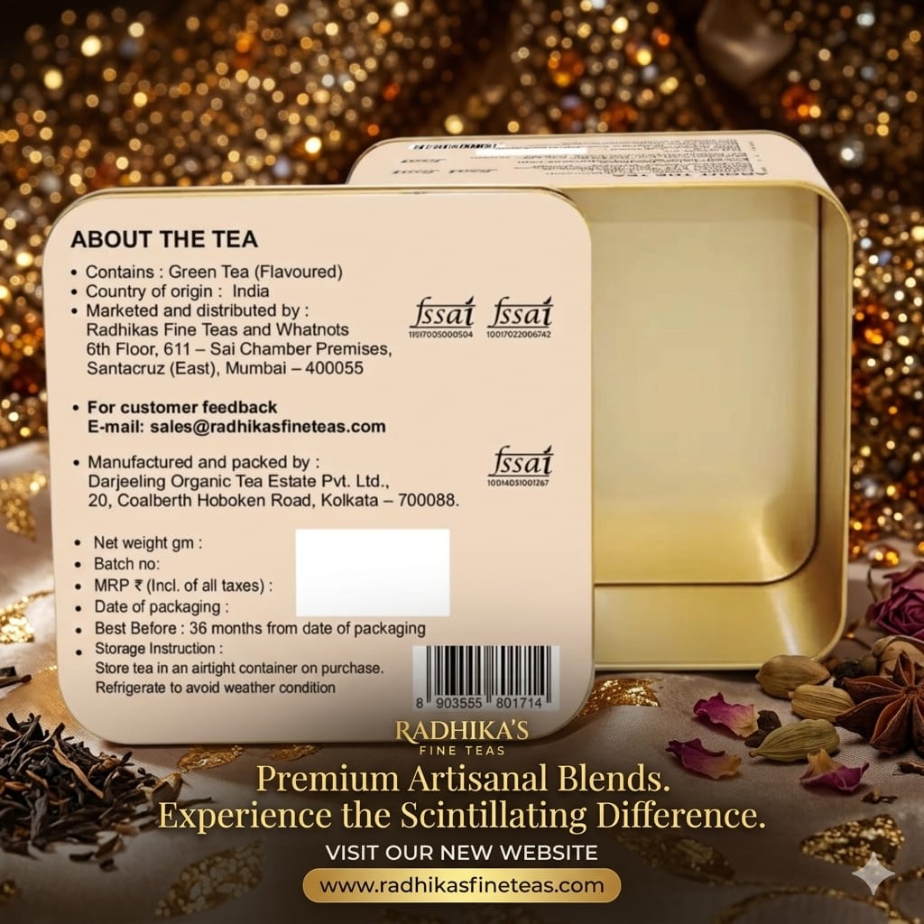 Back of a tea packaging with brand details and product information on a decorative background.