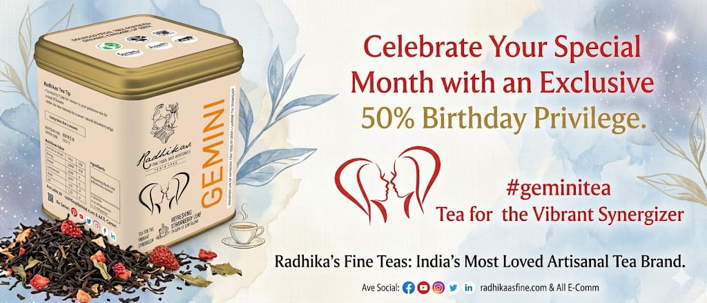 Tea packaging with promotional text for a birthday privilege offer.