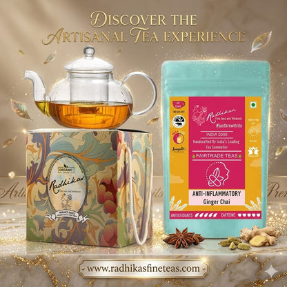 Tea set with teapot, mug, and Radhika's Finest Teas packaging on a decorative background.