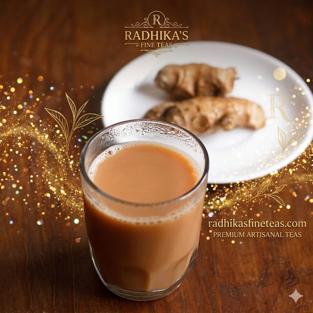 Glass of tea with ginger on a wooden surface, featuring Radhika's Fine Teas branding.