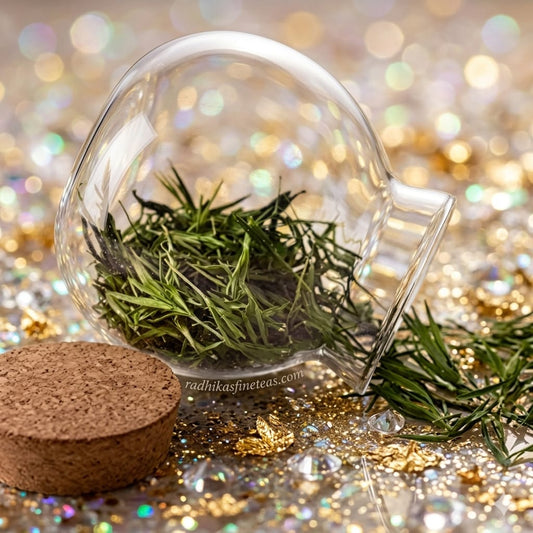 Glass ornament with greenery inside on a glittery background