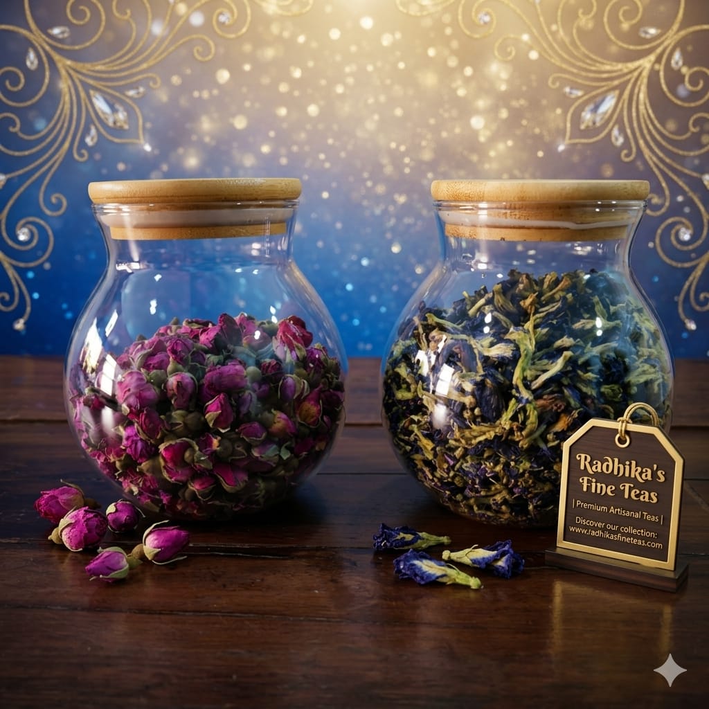 Two glass jars with tea leaves and flowers on a wooden surface, with a decorative background.