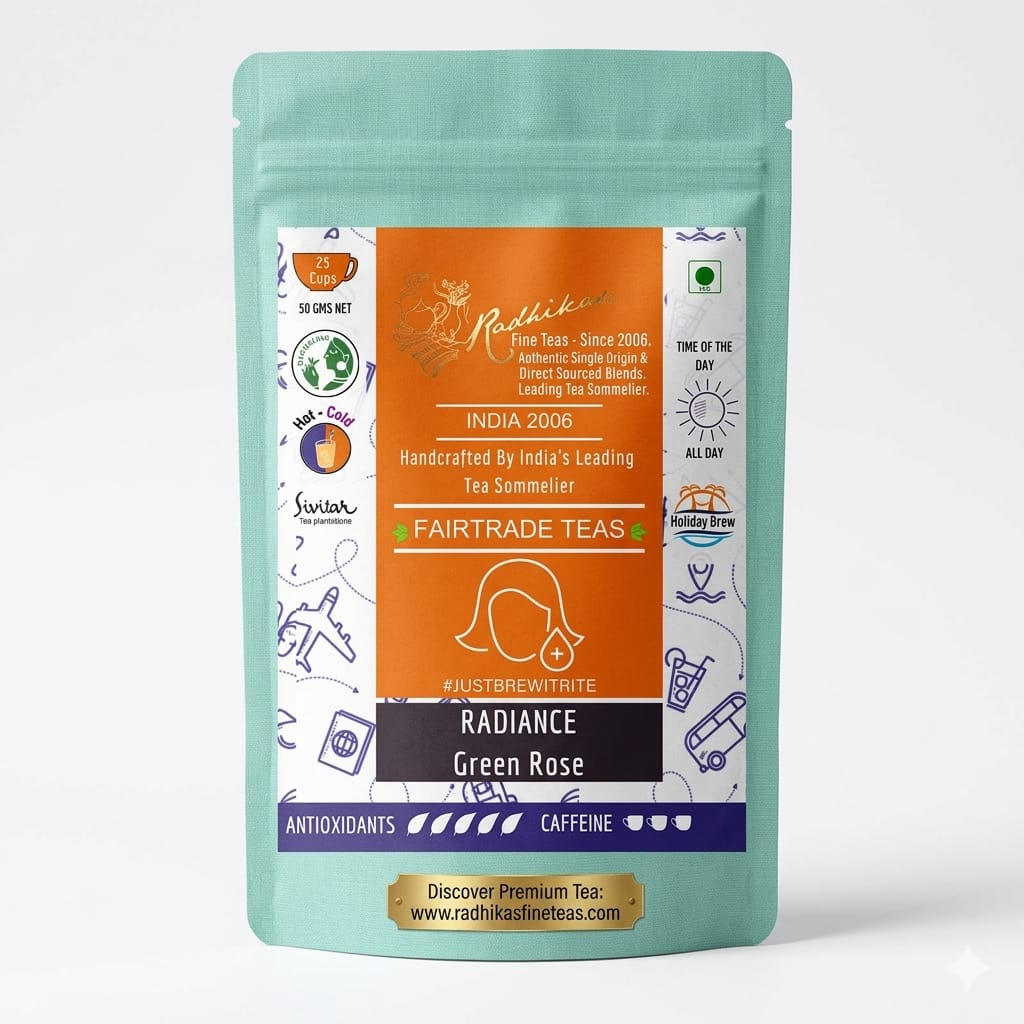 Tea package with 'Radiance Green Rose' on a white background