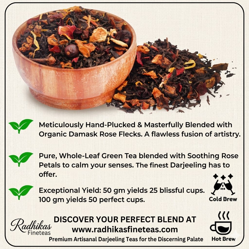 Tea blend with a wooden bowl and text about tea quality and brewing methods.