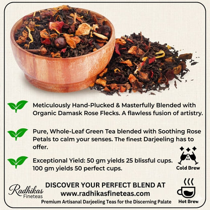 Tea blend with a wooden bowl and text about tea quality and brewing methods.