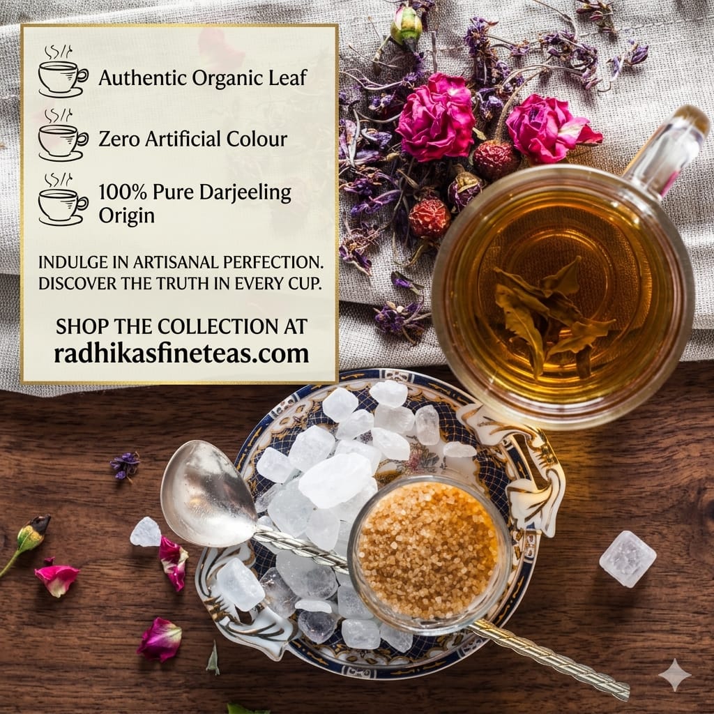 Tea cup with flowers and a bowl of sugar on a wooden surface, featuring Radhika's Fineteas branding.