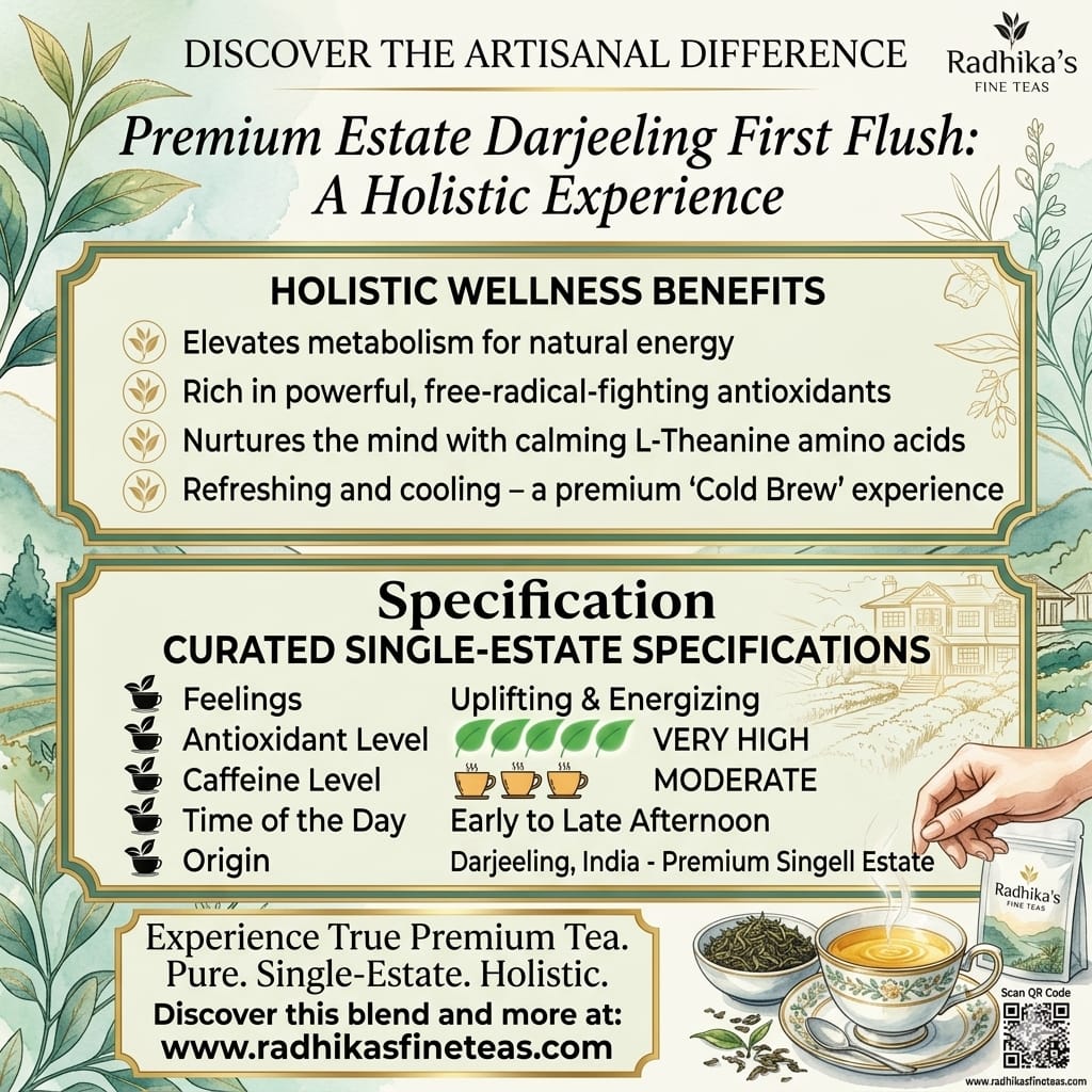 Advertisement for Radhika's Premium Estate Darjeeling First Flush tea, highlighting holistic wellness benefits and specifications.