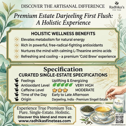 Advertisement for Radhika's Premium Estate Darjeeling First Flush tea, highlighting holistic wellness benefits and specifications.