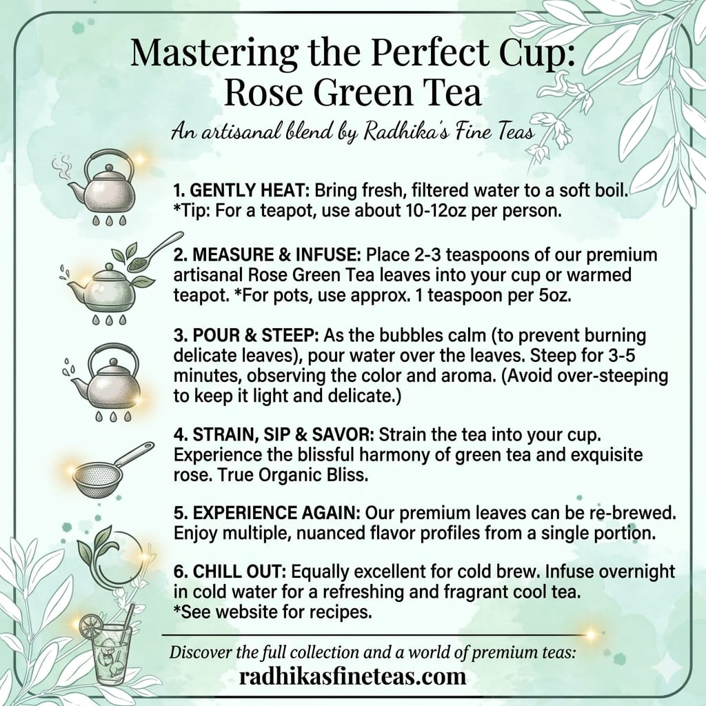 Instructions for making Rose Green Tea with Radhika's Fine Teas branding.