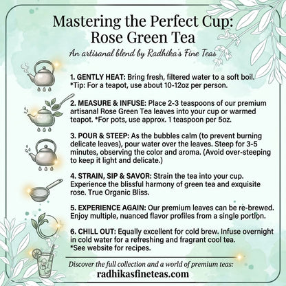 Instructions for making Rose Green Tea with Radhika's Fine Teas branding.