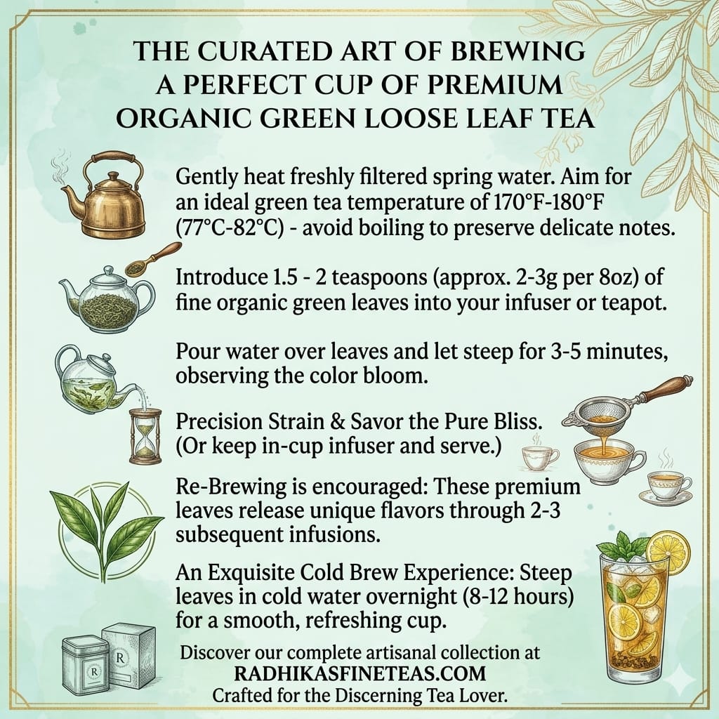 Instructions for brewing premium organic green loose leaf tea with illustrations and text.
