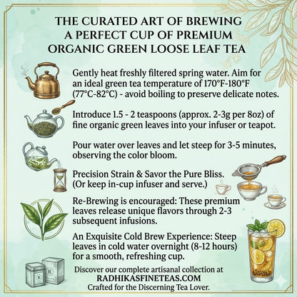 Instructions for brewing premium organic green loose leaf tea with illustrations and text.