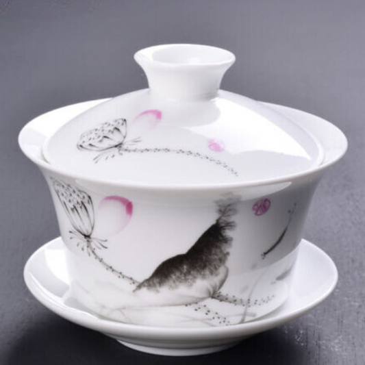 Gaiwan The Brewing Cup With Saucer Grey Floral Print - The Oriental Teacup Saucer And Lid