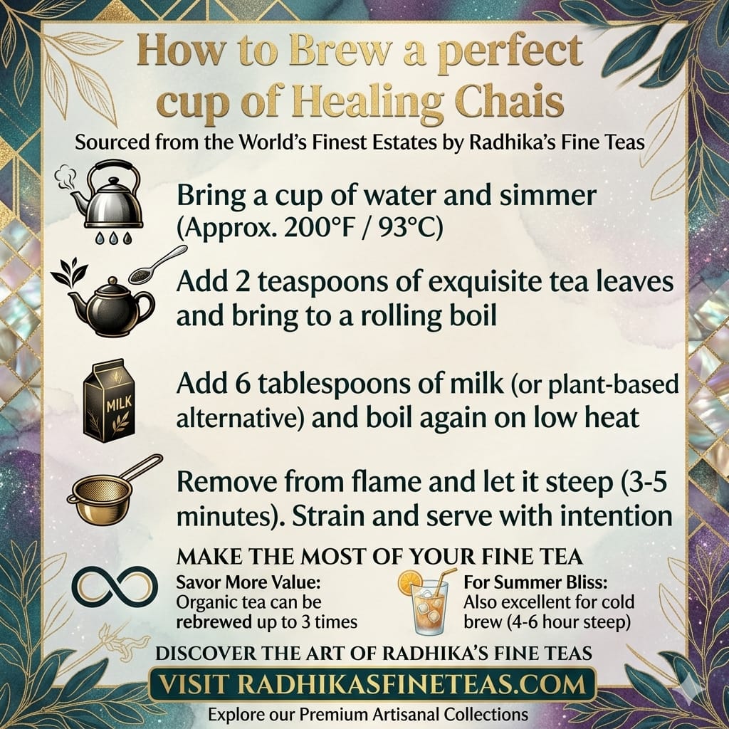 Instructions for brewing a perfect cup of healing chai tea from Radhika's Fine Teas.