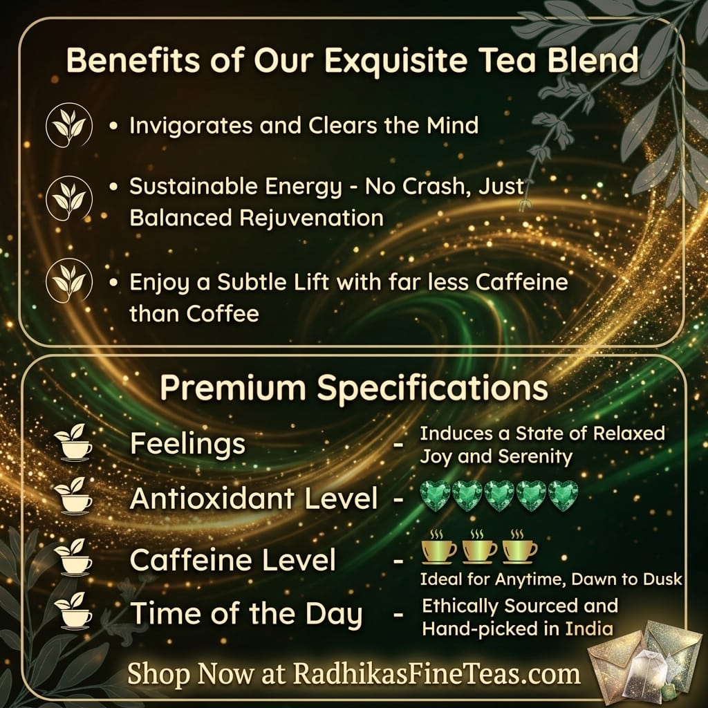 Promotional graphic for a tea blend with benefits and specifications.