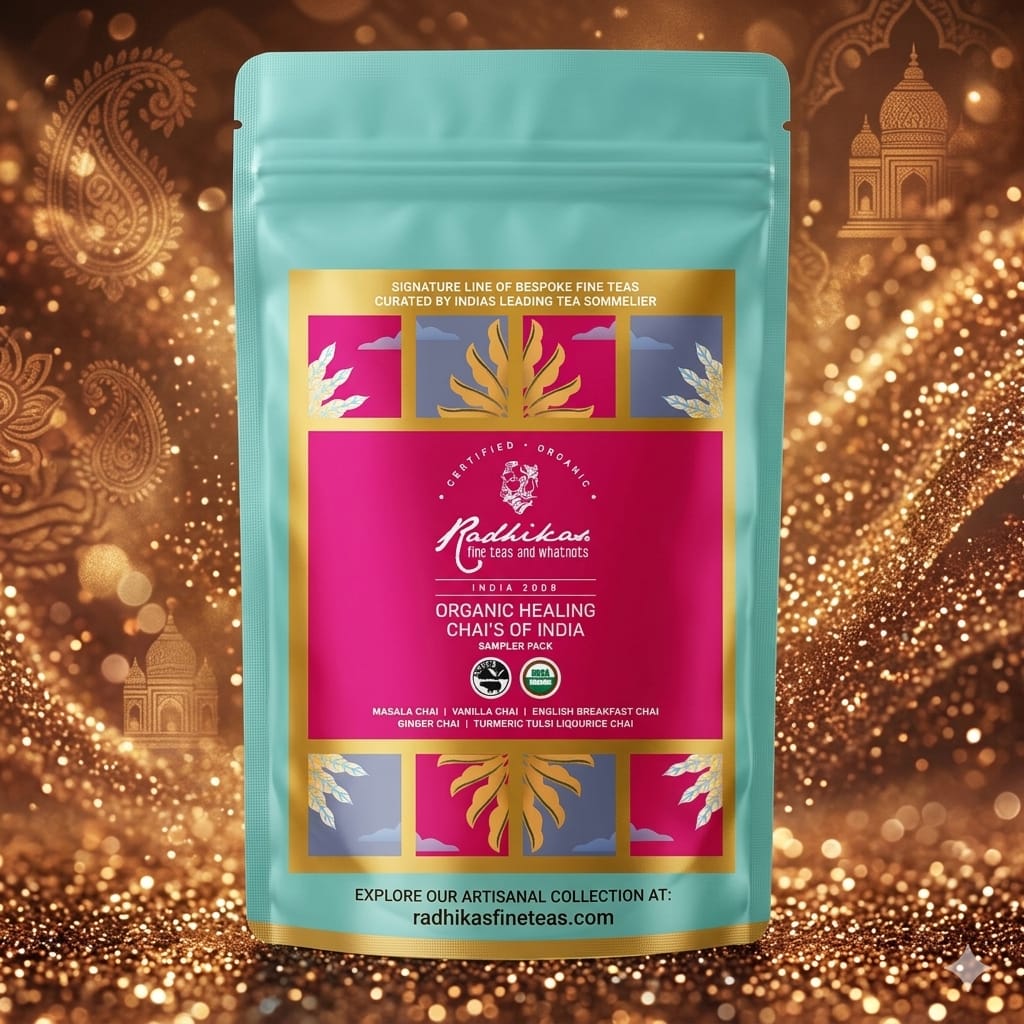 Tea package with colorful label on a decorative gold background