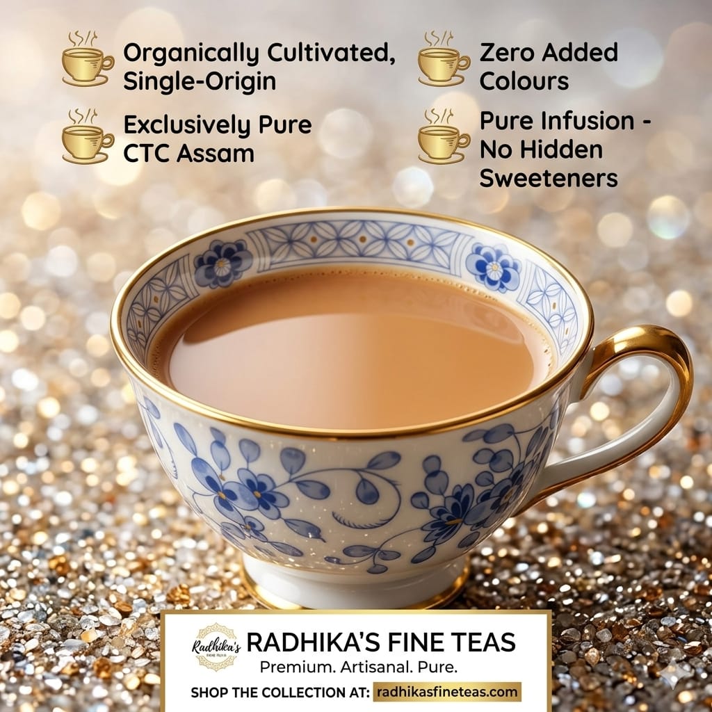 Cup of tea with decorative floral patterns on a glittery background, featuring Radhika's Fine Teas branding.