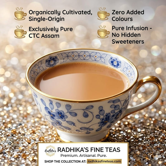 Cup of tea with decorative floral patterns on a glittery background, featuring Radhika's Fine Teas branding.