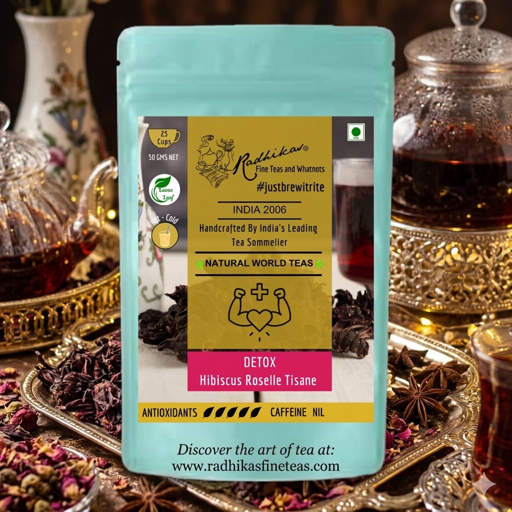 Tea package with a decorative background featuring tea-making items.