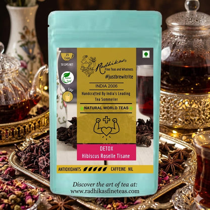 Tea package with a decorative background featuring tea-making items.