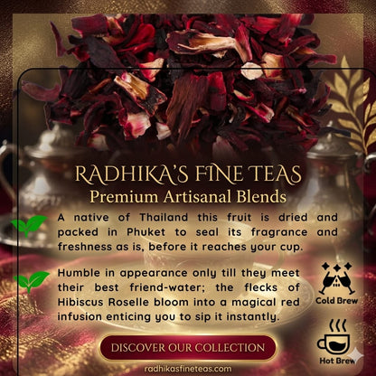 Advertisement for Radhika's Fine Teas with hibiscus flowers and tea pots.