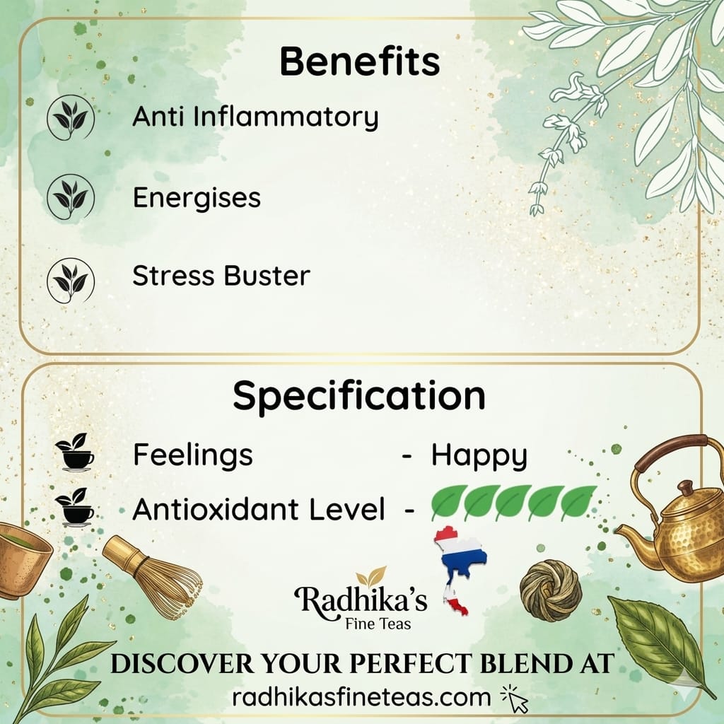Tea benefits and specification card with Radhika's Fine Teas branding.