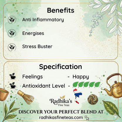 Tea benefits and specification card with Radhika's Fine Teas branding.