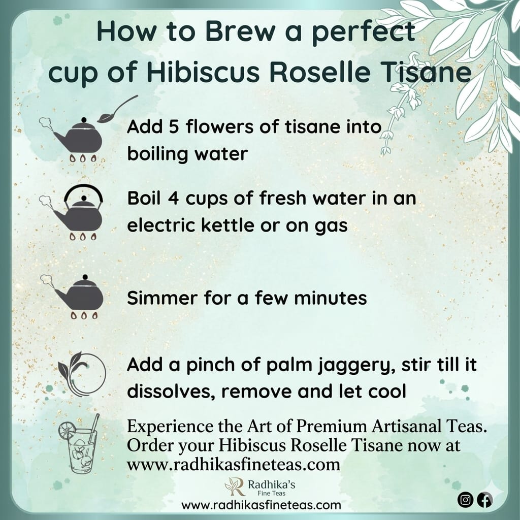 Instructions for brewing hibiscus roselle tisane with teapots and flowers on a light blue background.