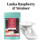 A package of Radiance Lanka Raspberry Tea by Radhikas Fine Teas alongside a porcelain strainer set with a hand holder, showcased against a white background.