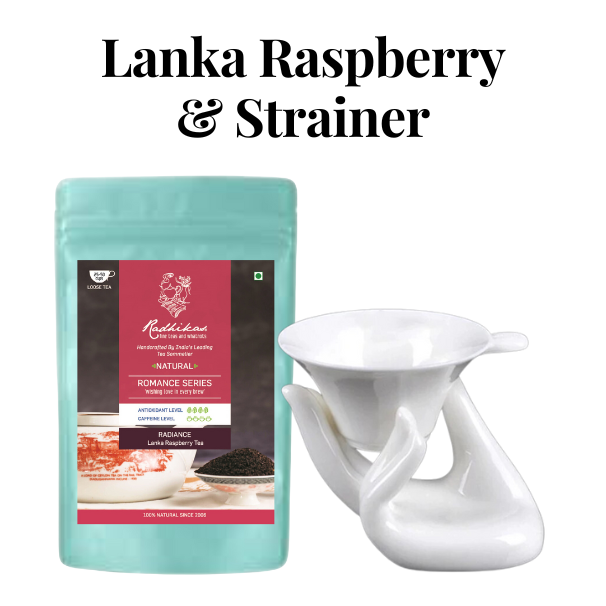 A package of Radiance Lanka Raspberry Tea by Radhikas Fine Teas alongside a porcelain strainer set with a hand holder, showcased against a white background.
