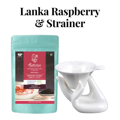A package of Radiance Lanka Raspberry Tea by Radhikas Fine Teas alongside a porcelain strainer set with a hand holder, showcased against a white background.
