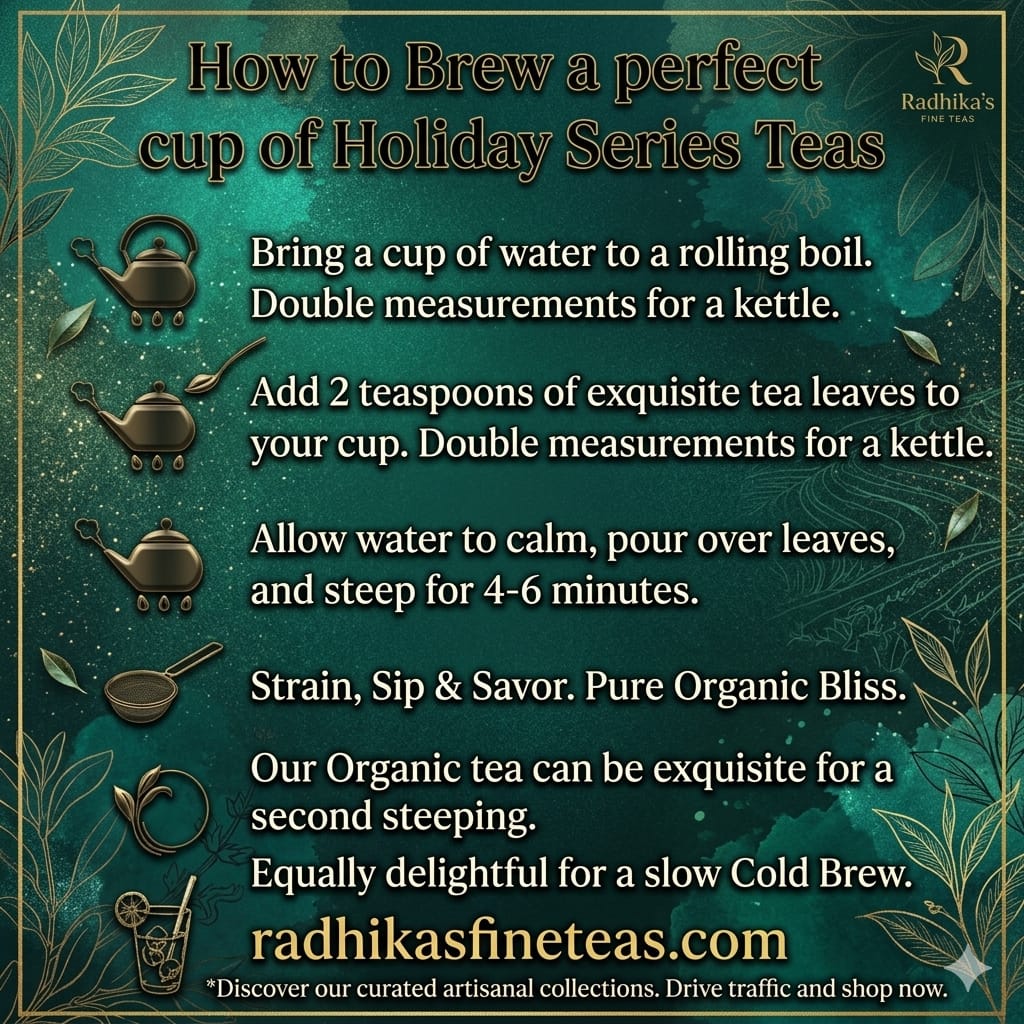 Instructions for brewing a perfect cup of holiday series teas with Radhika's Finest Teas branding.