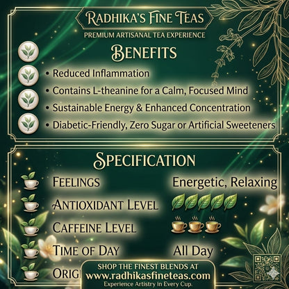Promotional graphic for Radhika's Fine Teas with benefits and specifications on a green background.