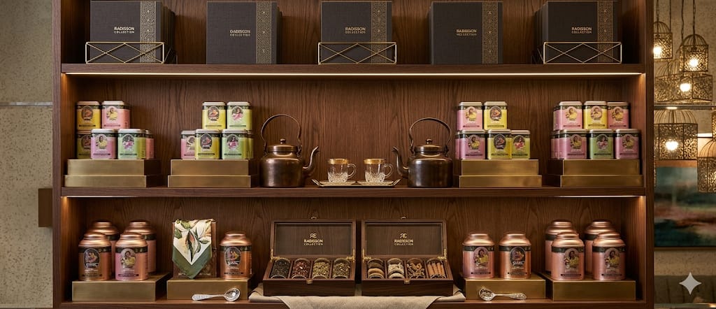 Tea products displayed on wooden shelves in a store setting