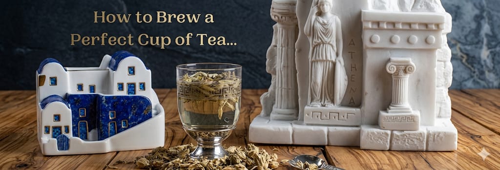 Tea-making setup with a glass of tea, tea leaves, and decorative elements on a wooden surface.