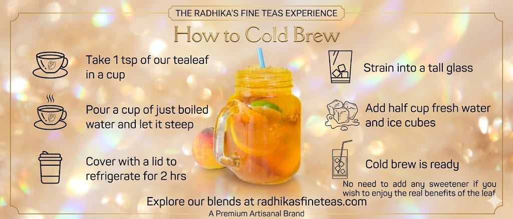 Instructions for cold brewing tea with a mason jar of iced tea and step-by-step icons on a decorative background.