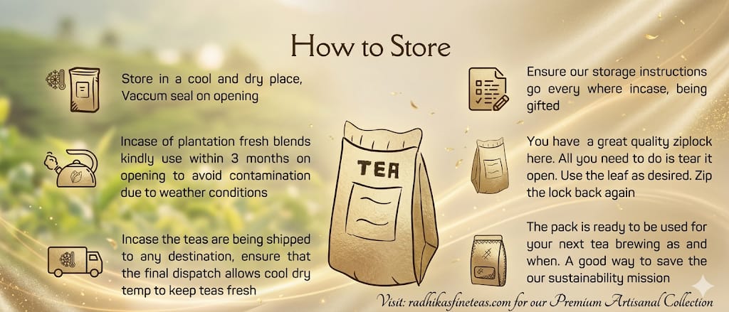 Tea storage instructions with illustrations and text on a blurred tea bag background