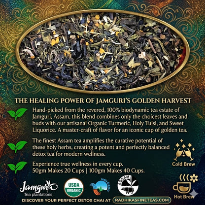 Tea blend with decorative elements and text about Jamguri's Golden Harvest tea.