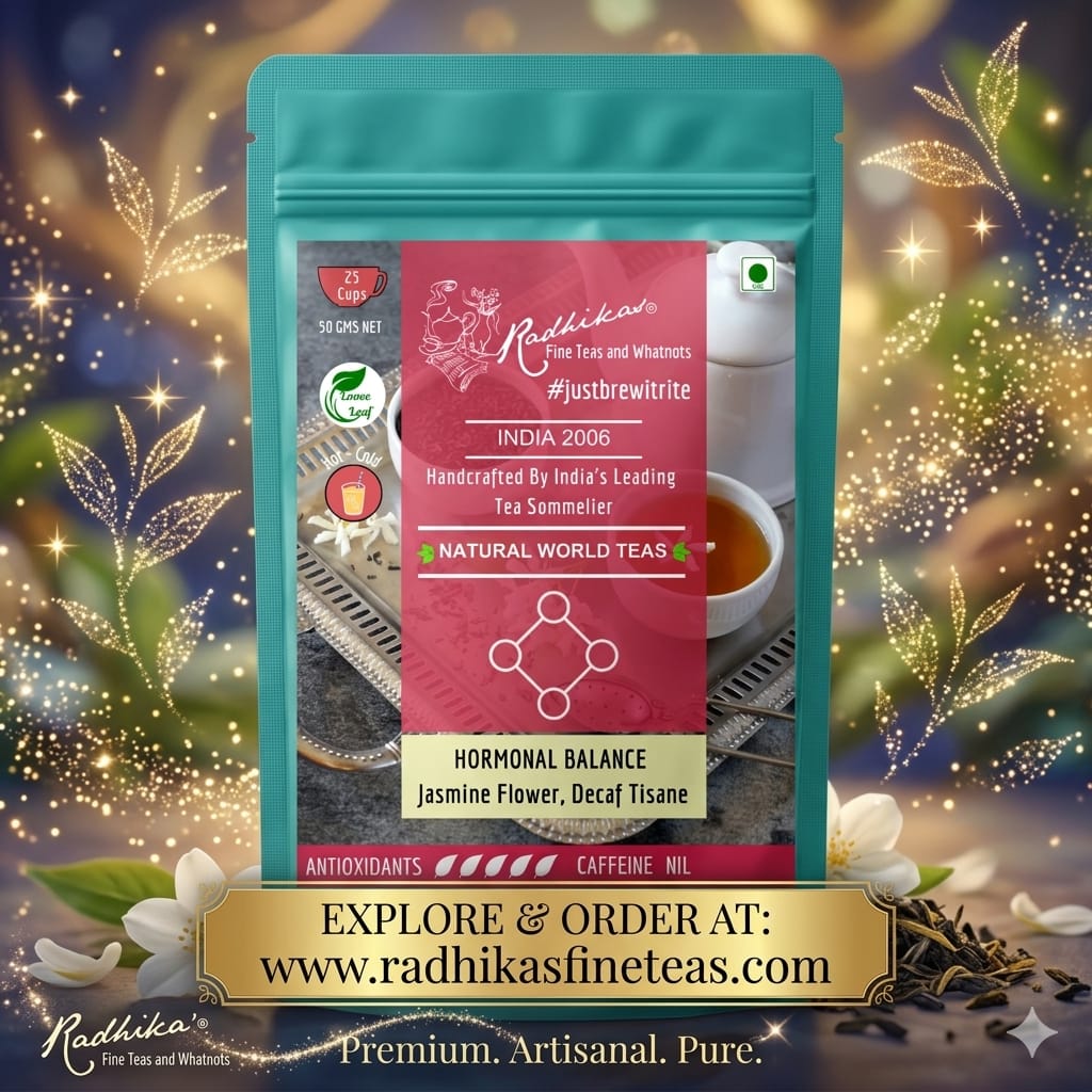 Tea package with decorative background and website information